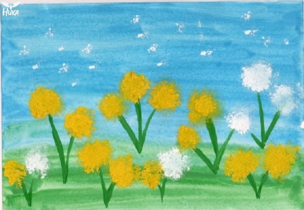 Рисование «одуванчики в траве» (восковые мелки).