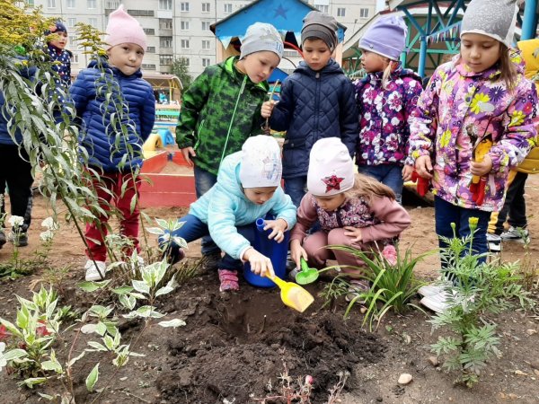 Дети сажают цветы в детском саду