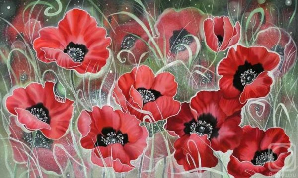 Маки на ткани акрилом