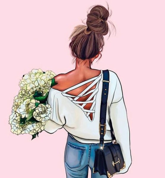 Нарисованная девушка с букетом