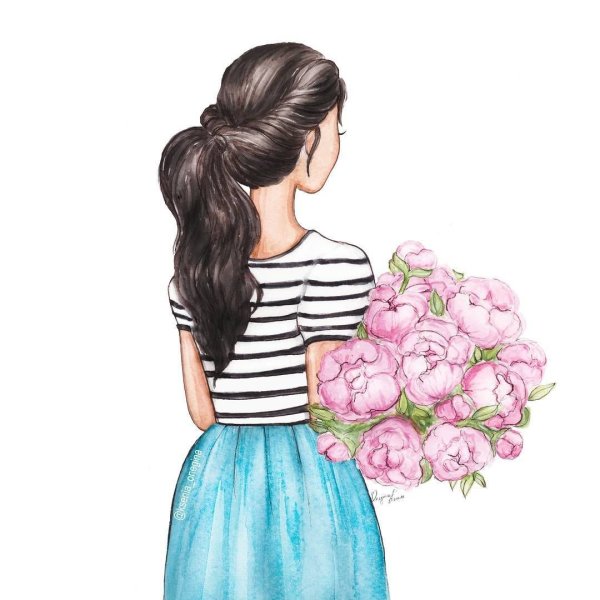 Девушка с цветами со спины мультяшная