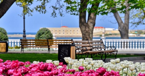 Севастополь. Приморский бульвар, утопающий в тюльпановых клумбах.