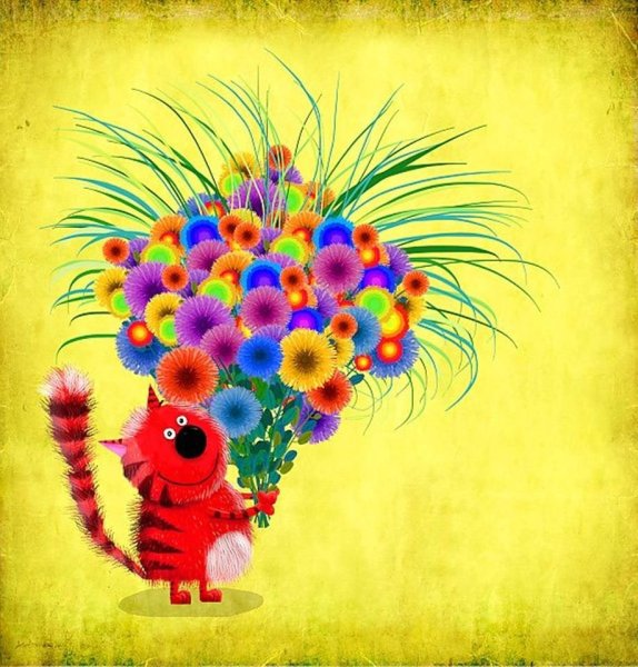 Кот с цветами с днем рождения