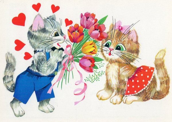 Котенок с цветами 8 марта