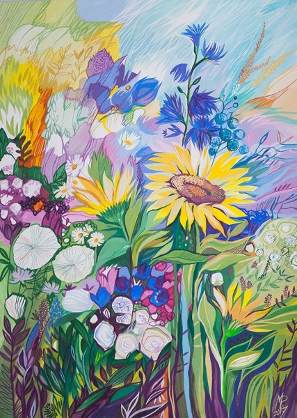 Цветочный луг гуашью