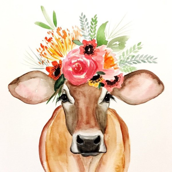 Корова акварелью