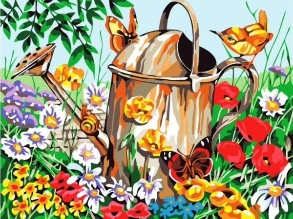 Девочка поливает цветы