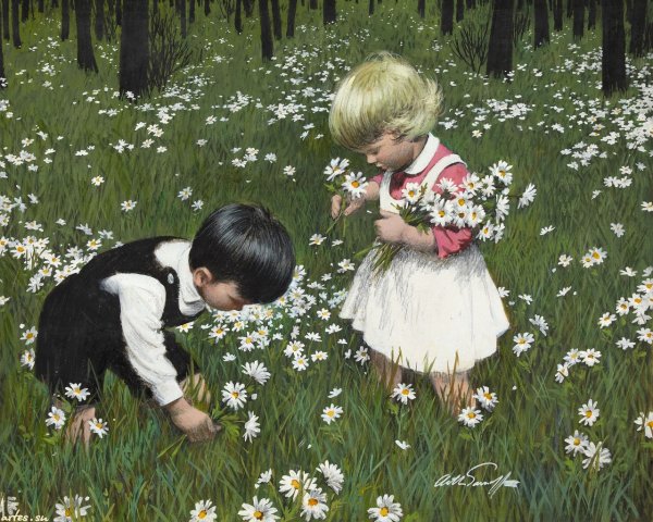 Дети рвут цветы с клумбы