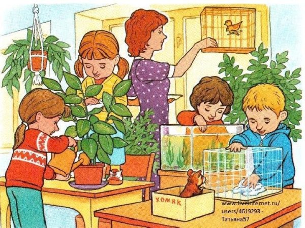 Дети поливают цветы в школе