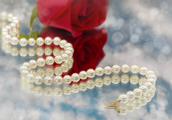 Розовые розы и жемчуг
