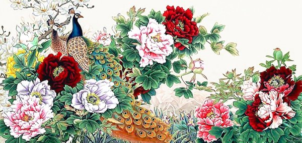Китайская живопись Павлин и пионы