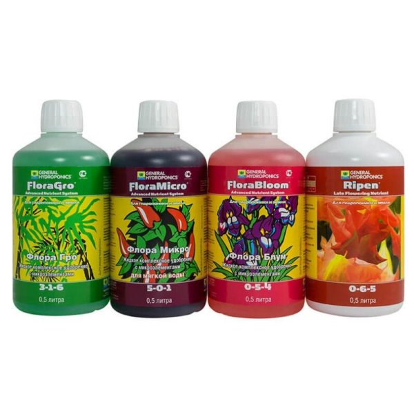 Комплект удобрений ghe Flora Series+ghe Ripen 4шт*0,5л (для жесткой воды)