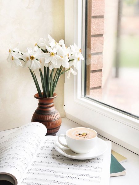 Чашка чая на подоконнике