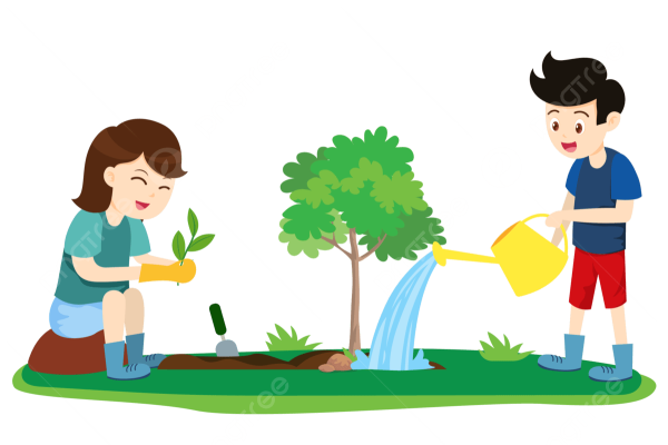 Дети поливают дерево