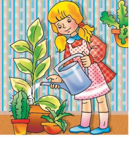 Девочка поливает цветы