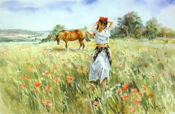 Девушка на лугу живопись