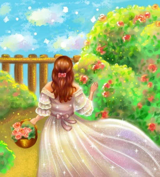 Девушка собирает цветы арт