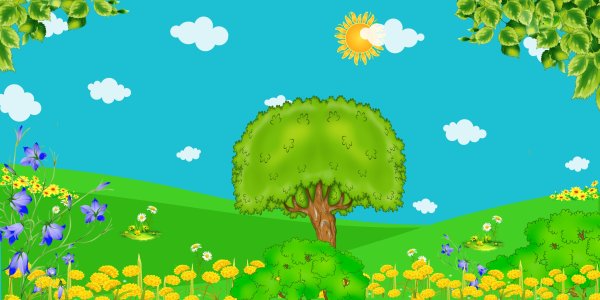 Поляна с цветами и бабочками