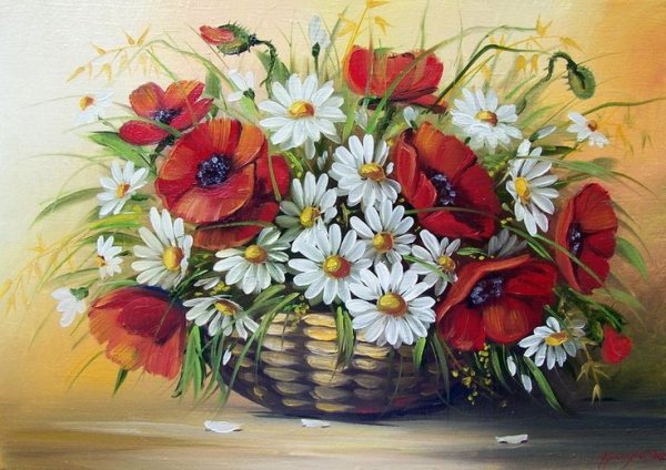 Натюрморт маки и ромашки