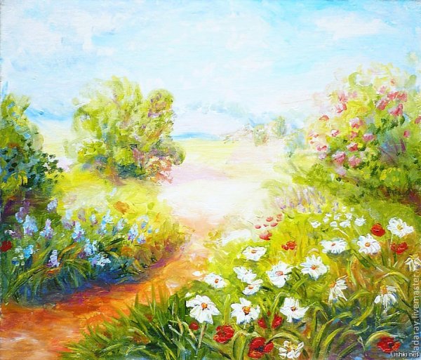 Поляна с цветами акварель