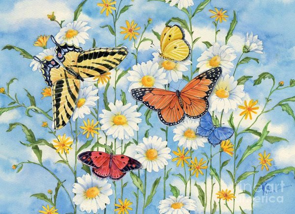 Луг с бабочками живопись