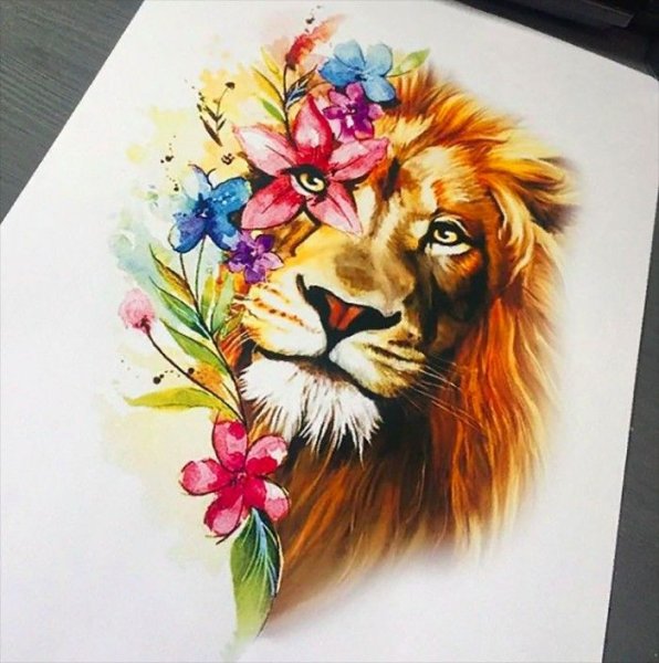 Лев с цветами акварелью