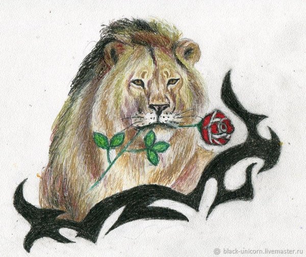Лев с розой в зубах
