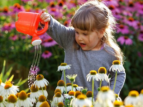 Ребенок поливает цветы