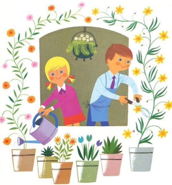 Девочка поливает из лейки