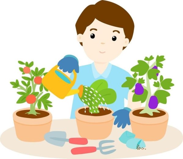 Девочка поливает цветы