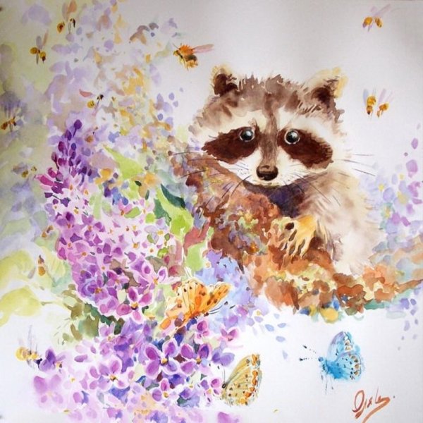 Енот с цветами акварель