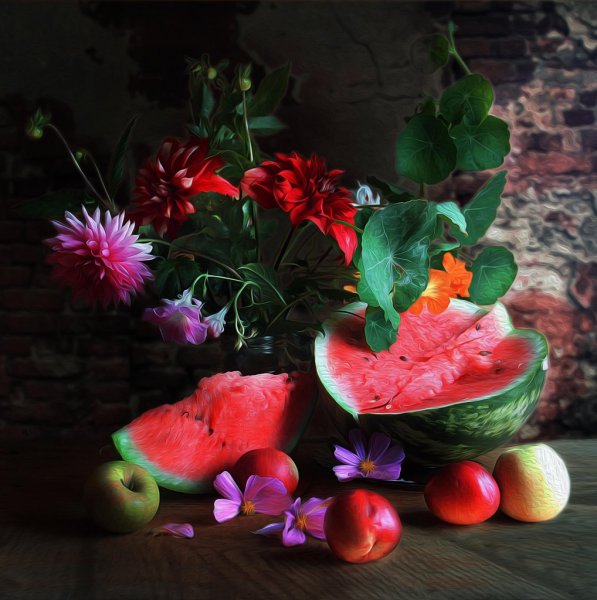 Натюрморт с арбузом и виноградом