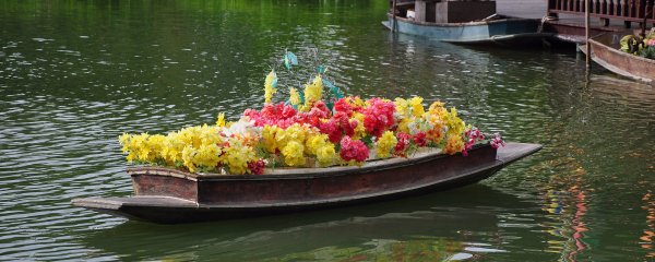 Лодка плывет со цветами