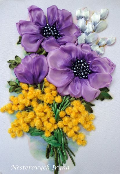 Цветы вышитые лентами