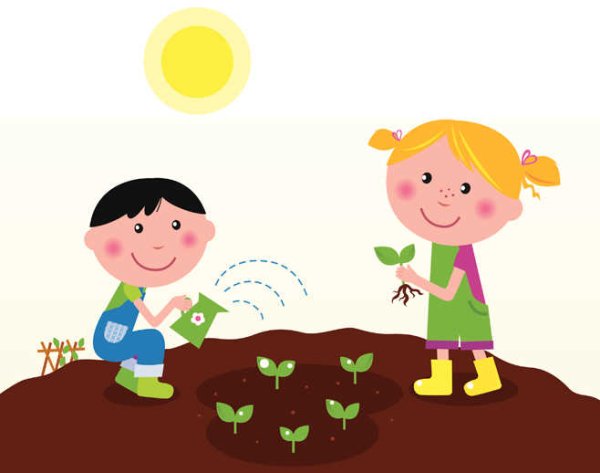 Мультяшные дети сажают растения