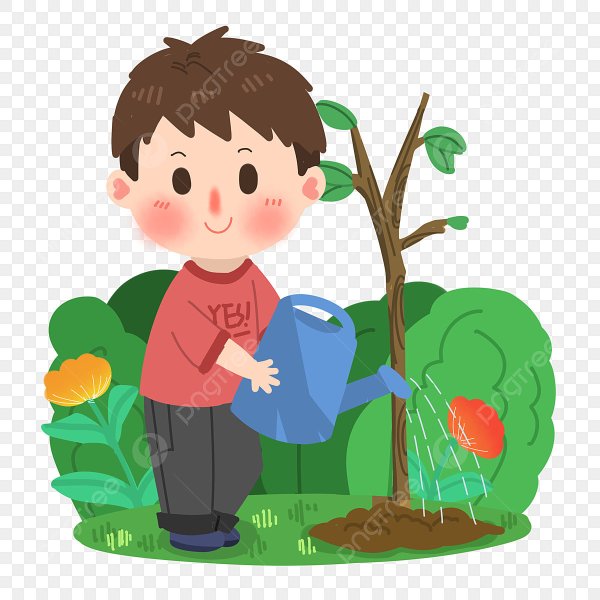 Мальчик поливает дерево