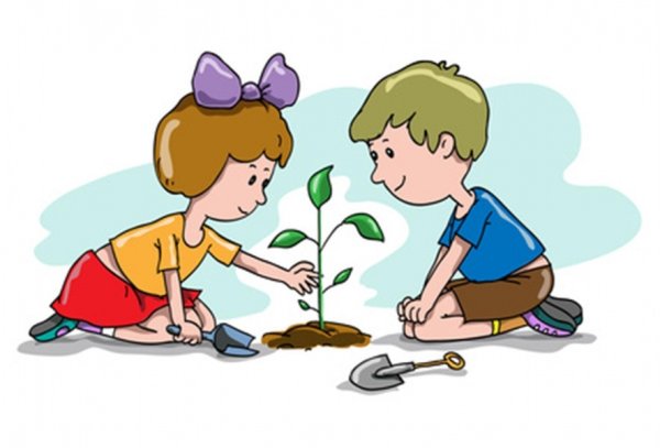 Дети сажают цветы на прозрачном фоне