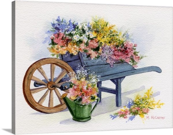 Телега с цветами живопись