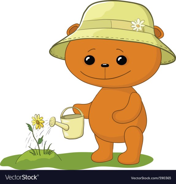 Медвежонок поливает цветок