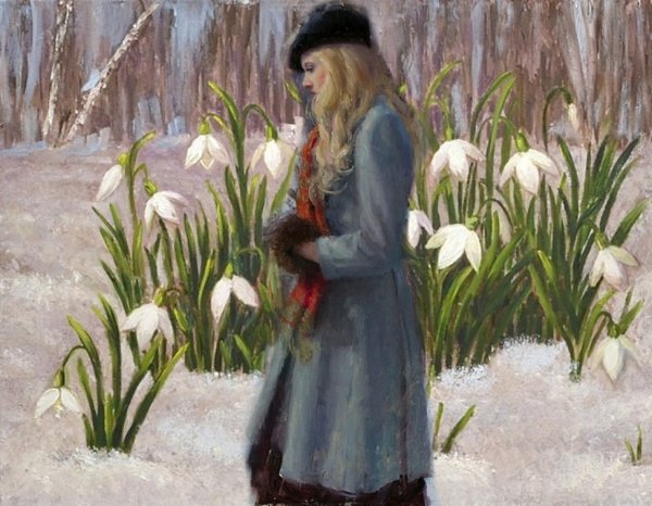 Живопись женщина с подснежниками