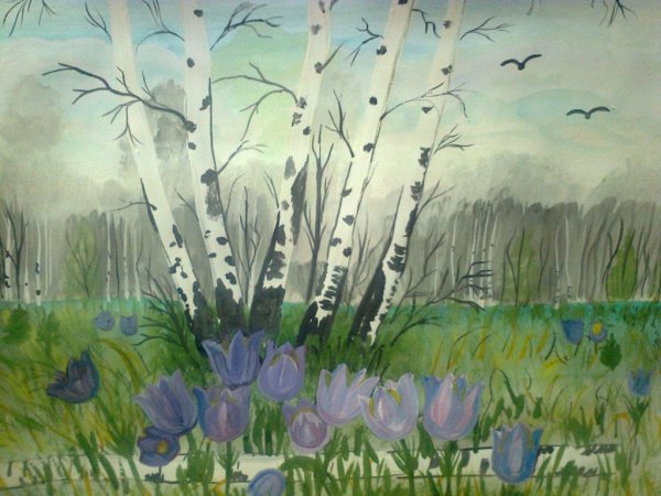 Пейзаж с подснежниками для детей