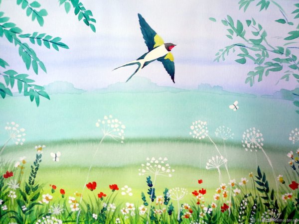 Пейзаж весенний с ласточками