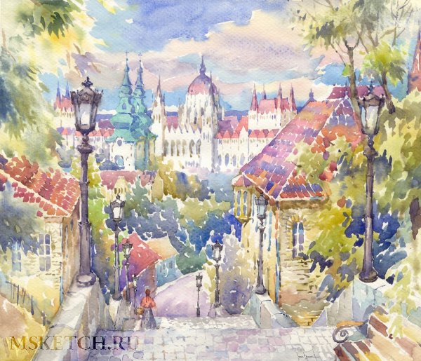 Весна в городе акварель