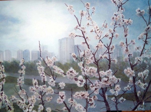 Весна в городе акварель