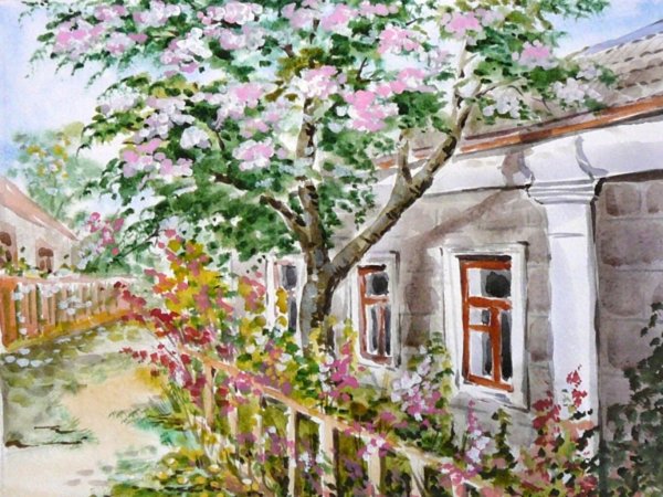 Весенний сад акварель