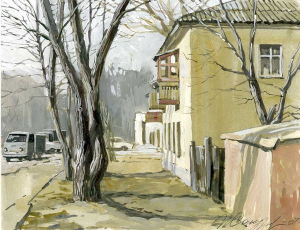 Пейзаж города гуашью