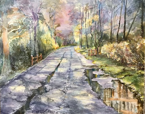 Пейзаж с дорогой акварель