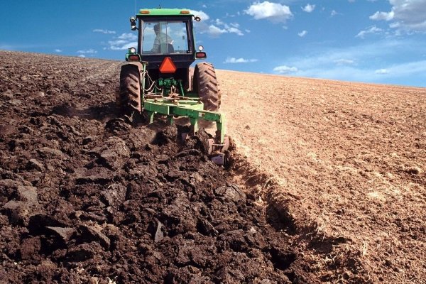 Трактор в поле вспахивает землю