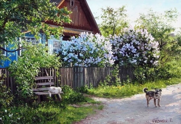 Деревенский домик с сиренью