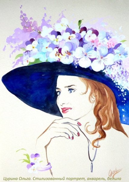 Женщина в шляпе рисунок акварелью